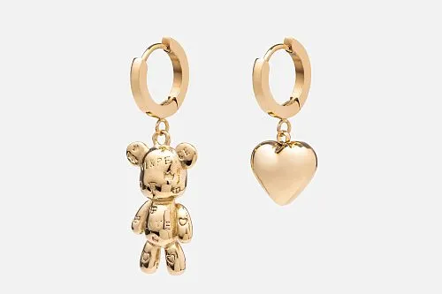 Серьги асимметричные мишка и сердце золотистые
