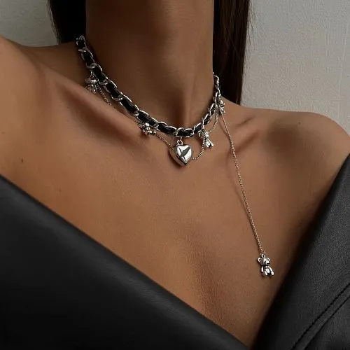 Цепь плетеная с сердцем и мишками серебристая